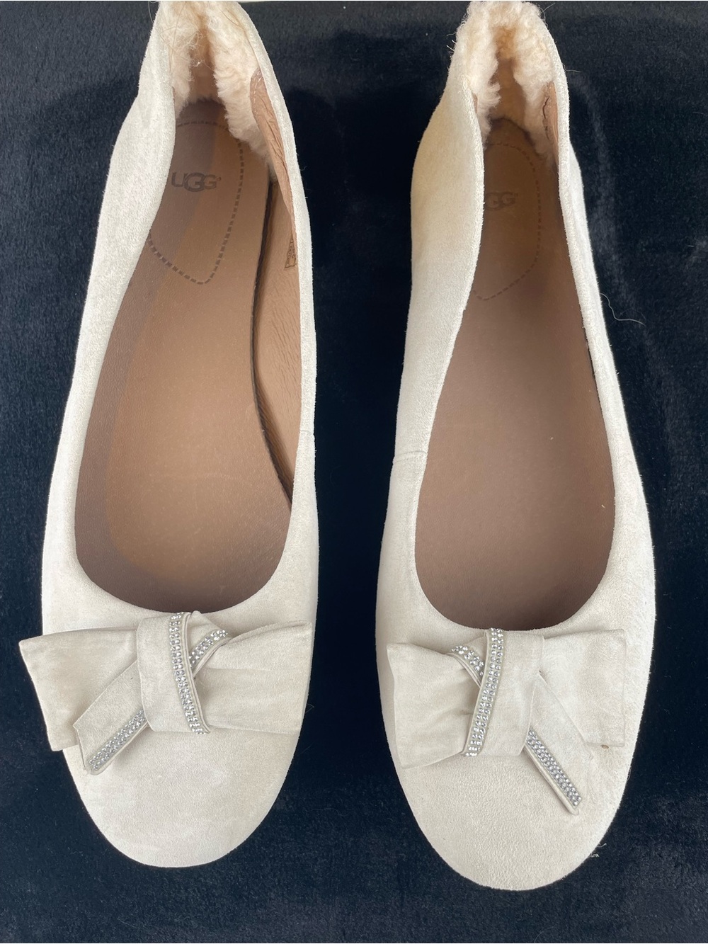 UGG Women's Ivory Suede Bow Ballet Flats with Crystal Trim